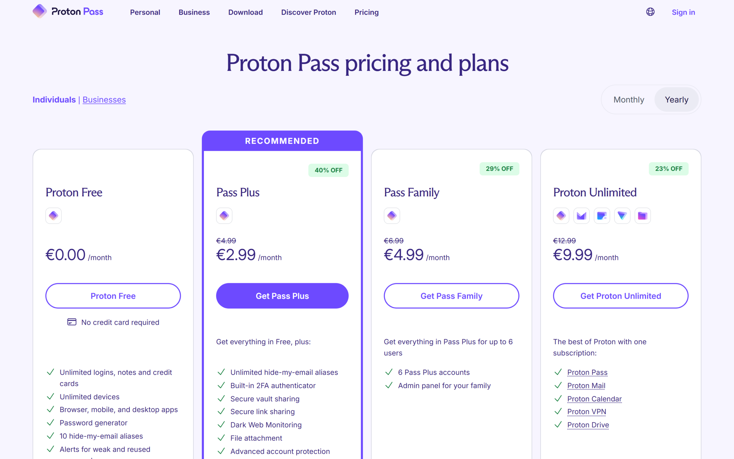 Proton Pass vs Bitwarden: Proton Pass pricing page showing Proton Free, Pass Plus and Pass Family plans