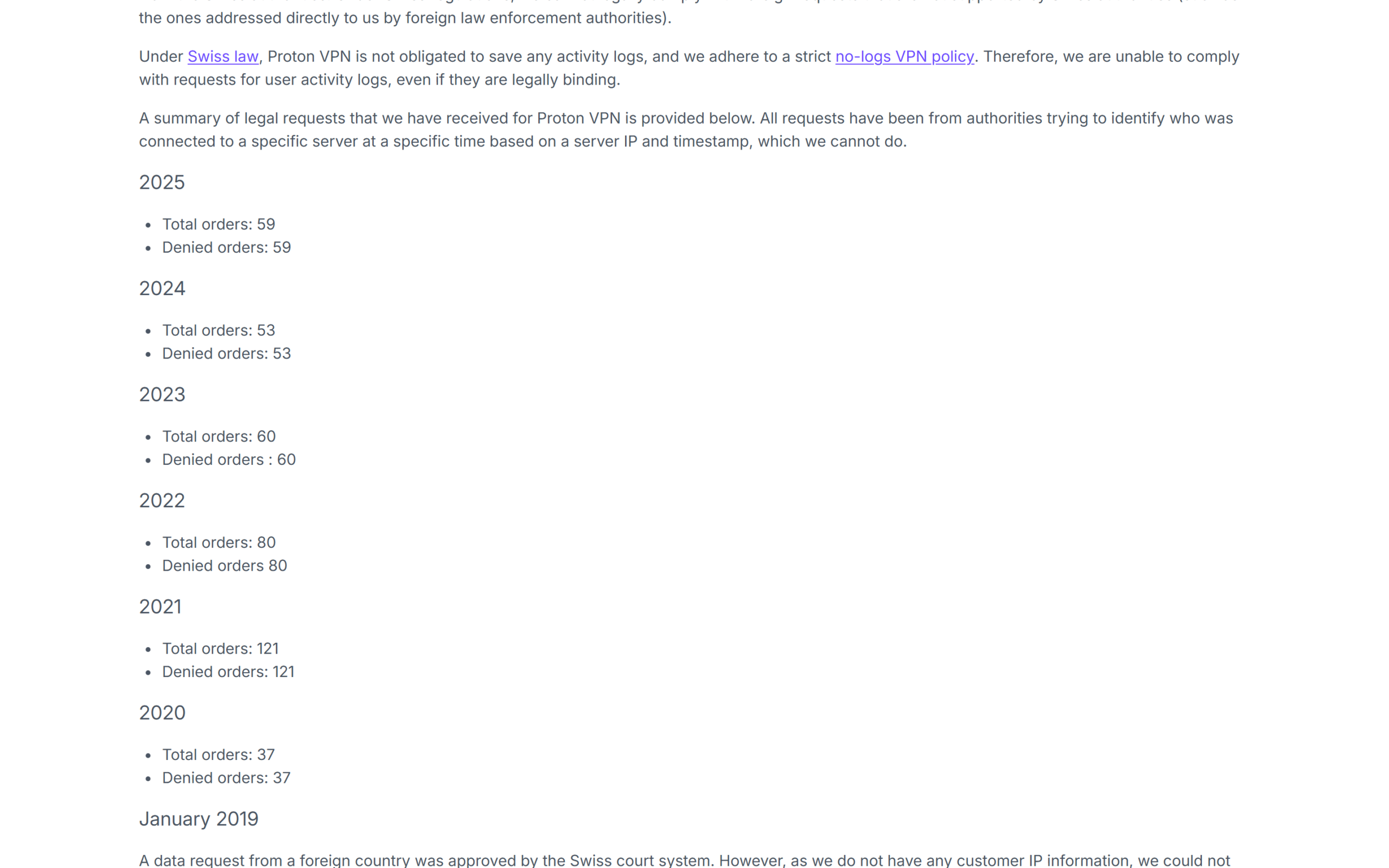 Proton transparency report showing legal orders received and denied for Proton VPN
