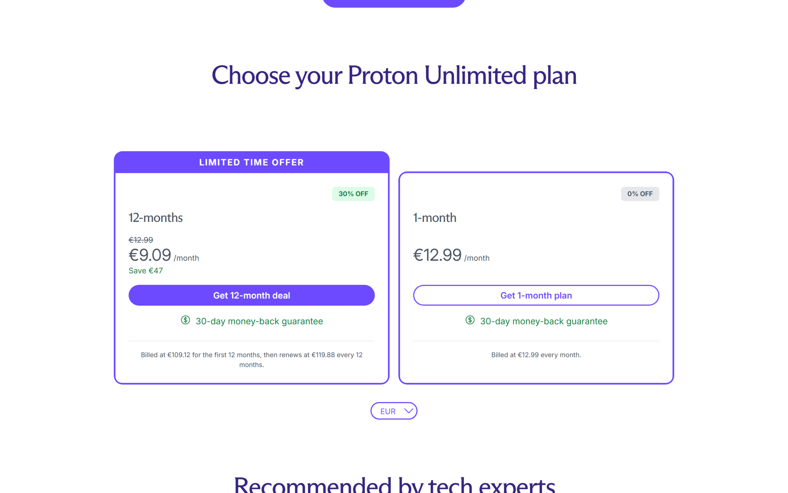 Proton Unlimited worth it: the partner offer page showing the 12-month deal and the monthly plan