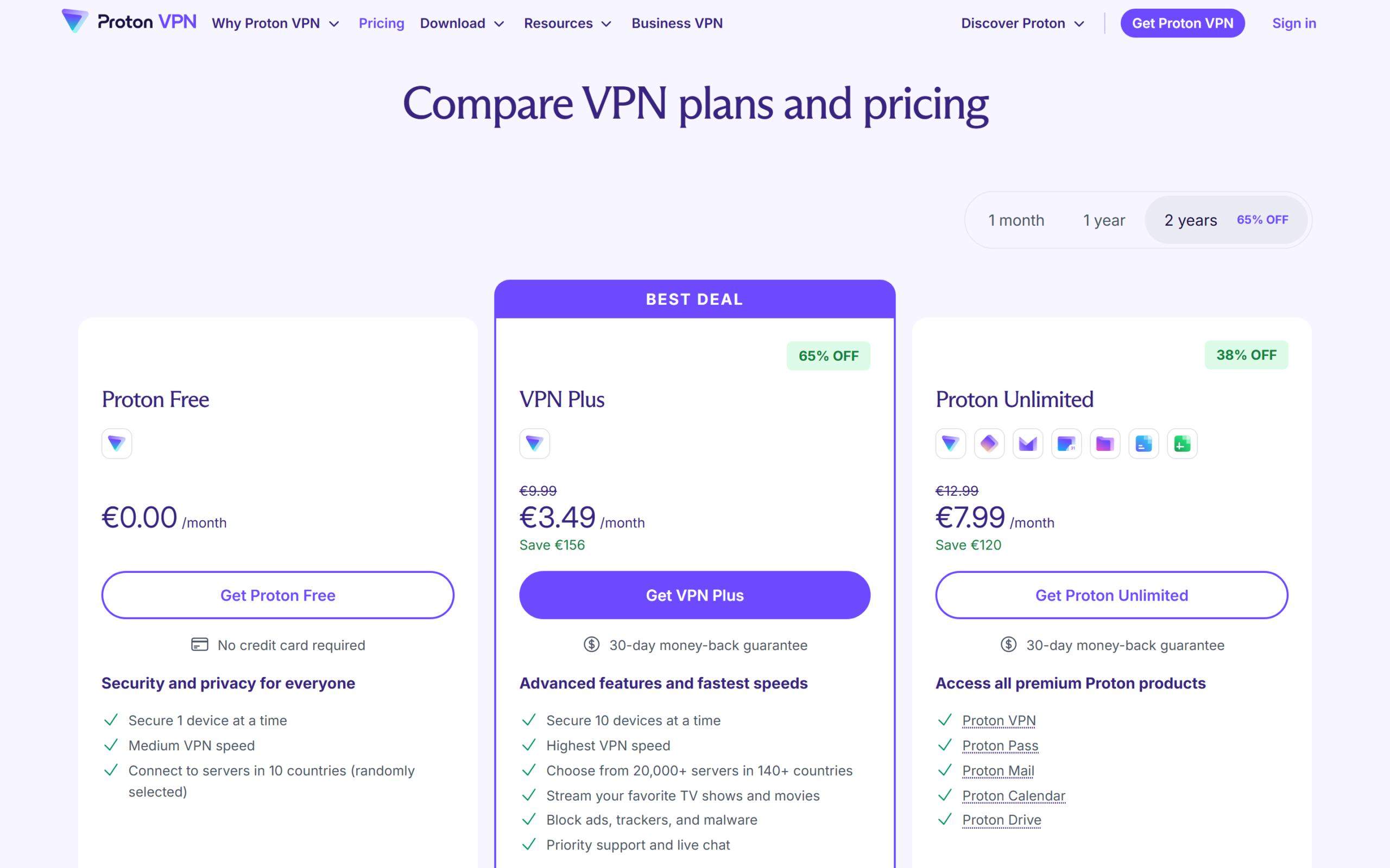 Proton VPN review of the pricing page showing VPN Plus, Proton Unlimited and Proton Free plans