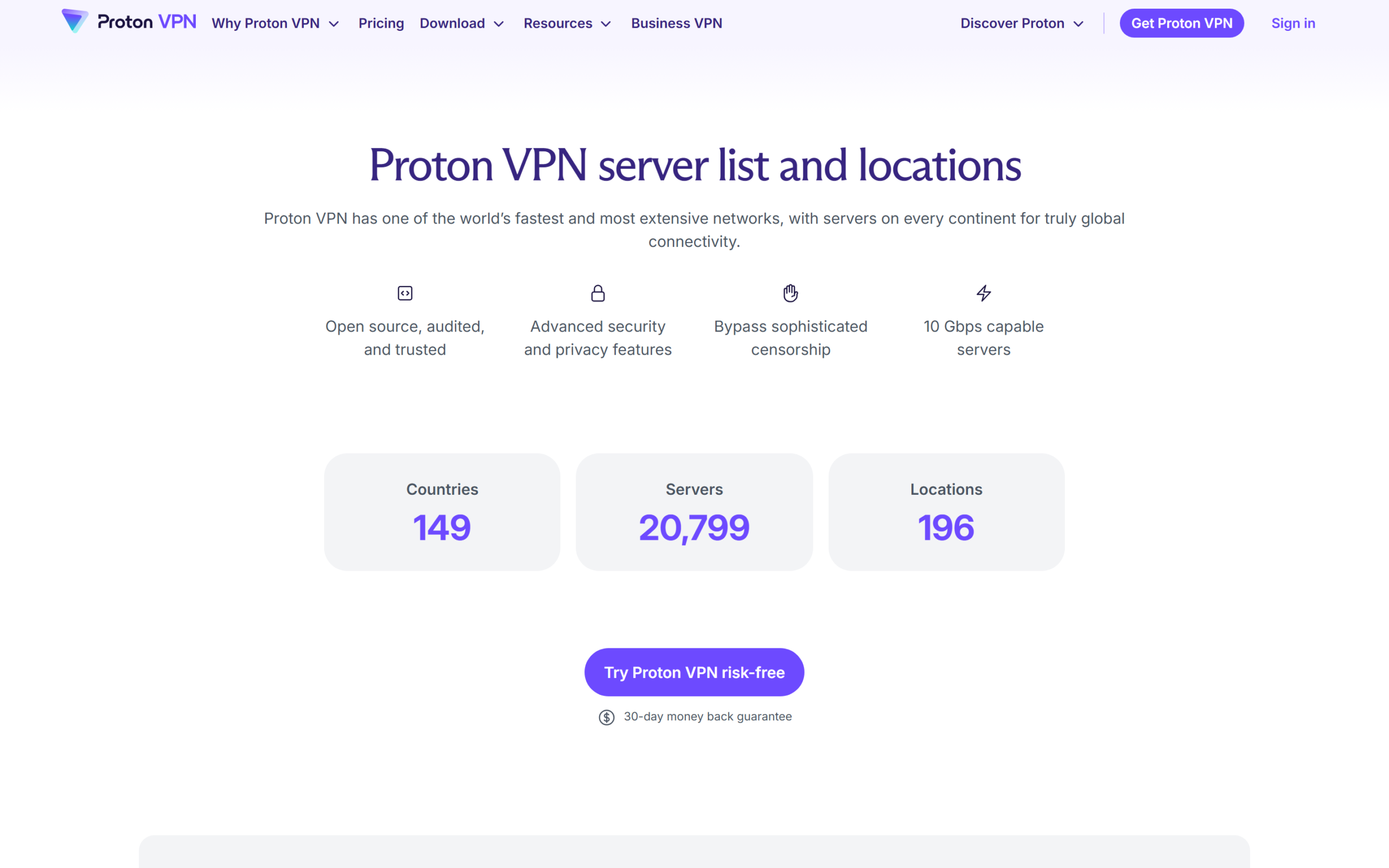 Proton VPN server list page showing countries, servers, locations and Secure Core servers
