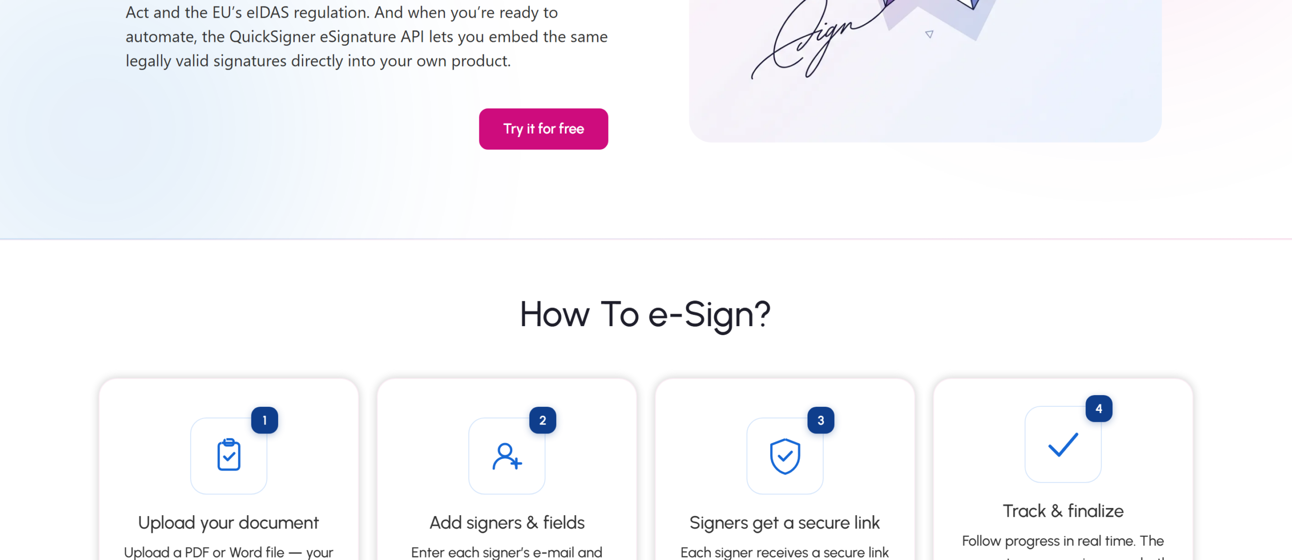 QuickSigner review of the homepage showing the upload, add signers, secure link and track workflow