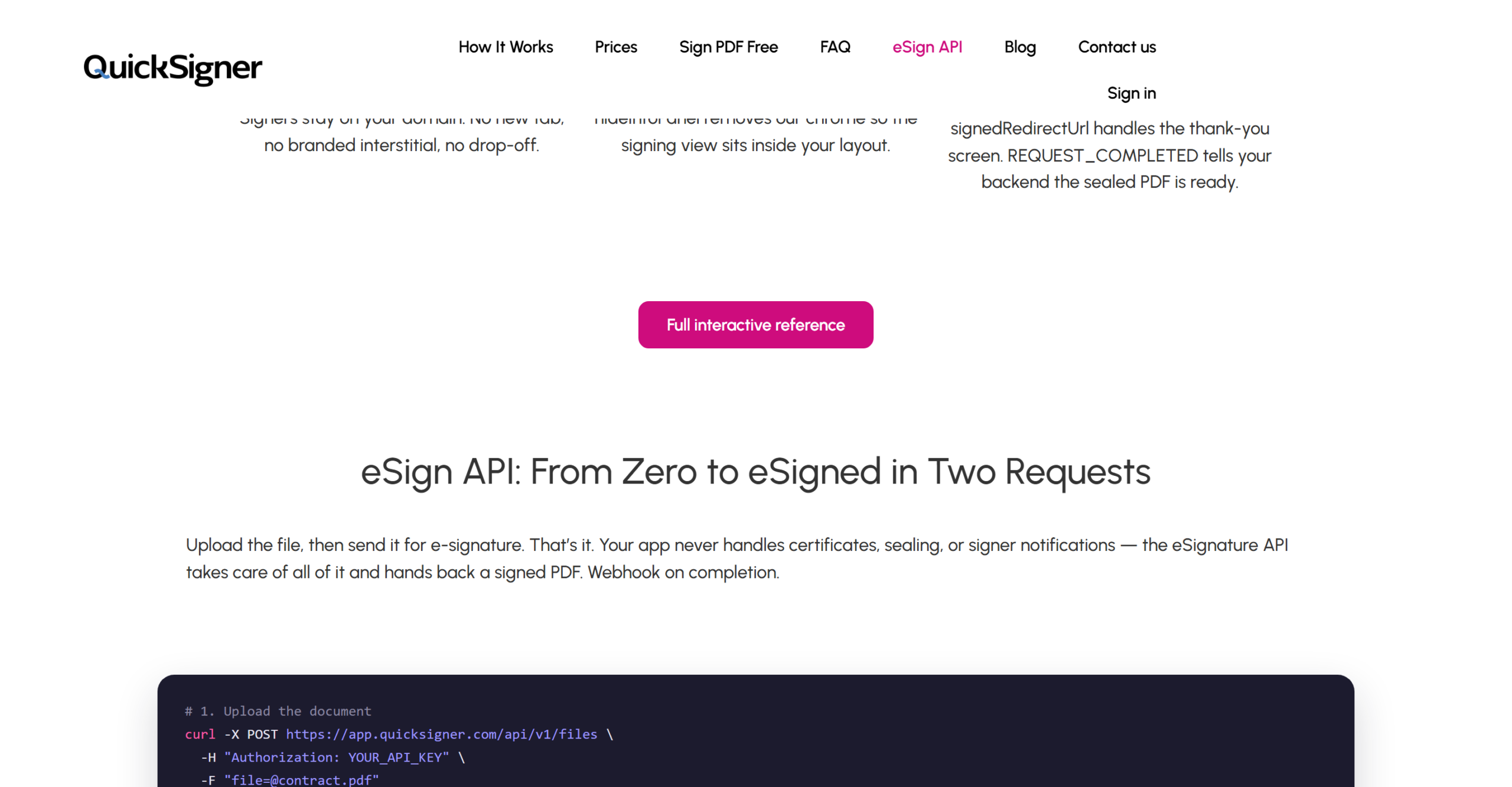 QuickSigner eSignature API code example showing the two call integration and webhook on completion