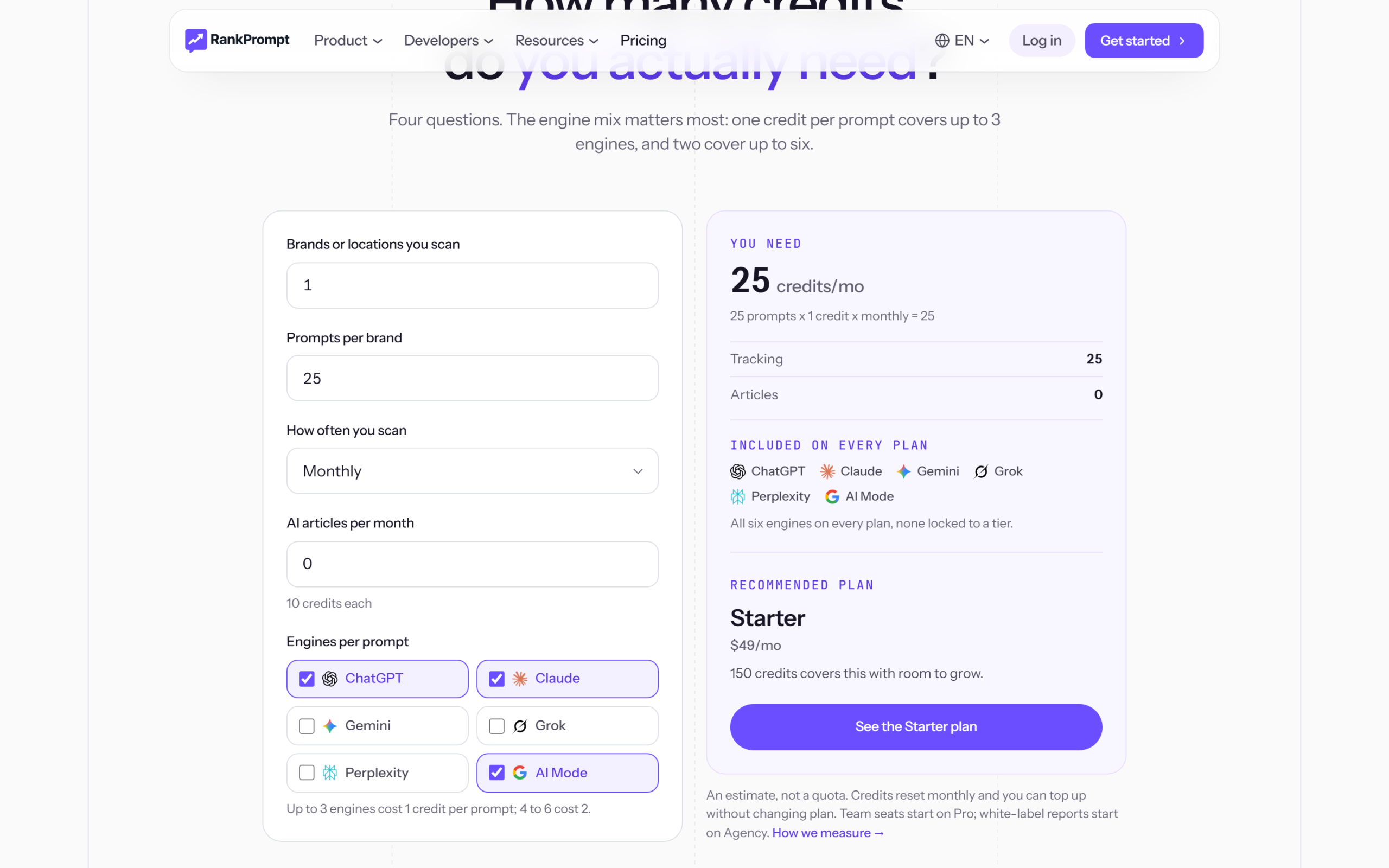 Rank Prompt credit calculator showing how prompts, engines and frequency translate into credits