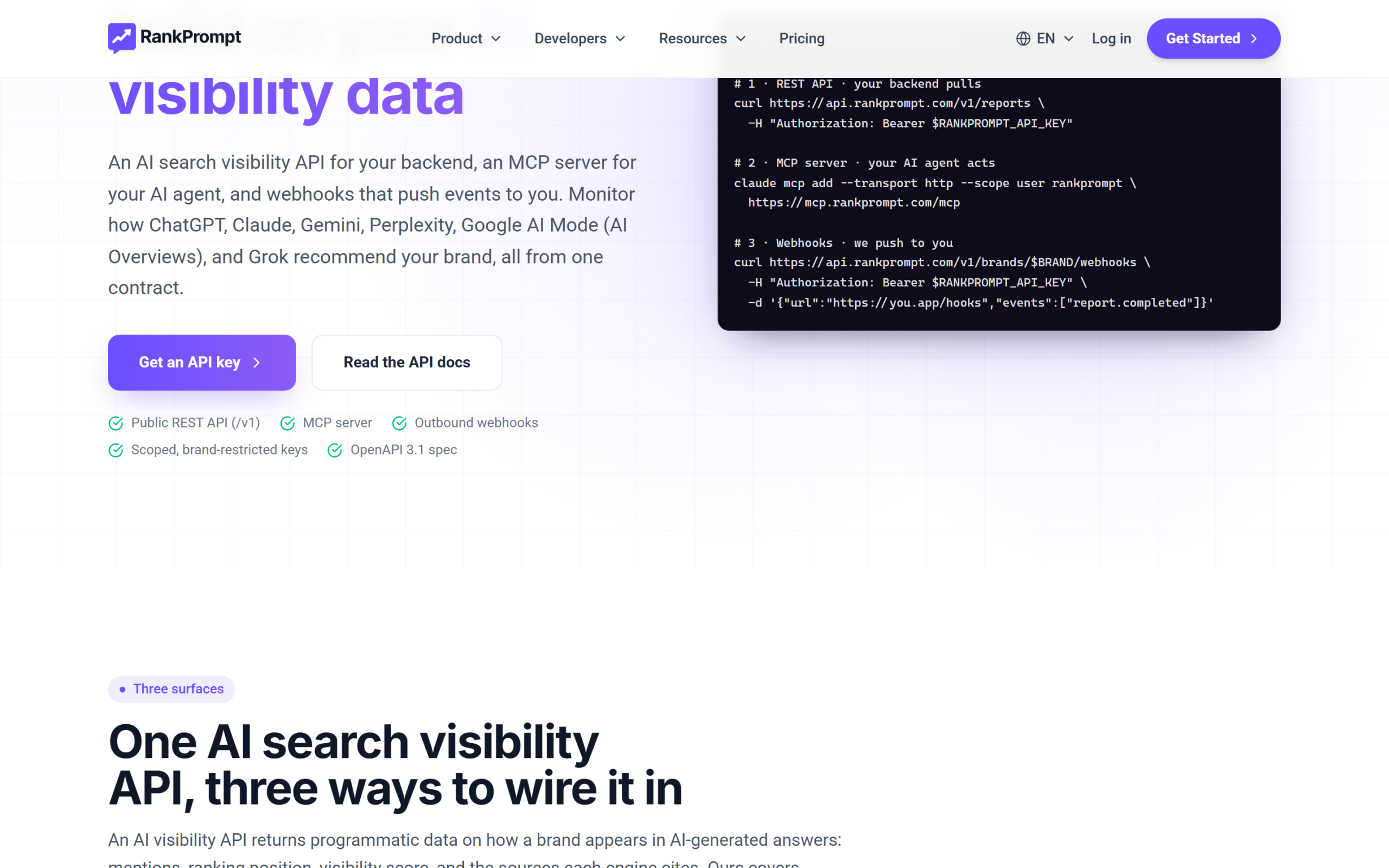 Rank Prompt developer platform showing the REST API, MCP server and webhooks code example