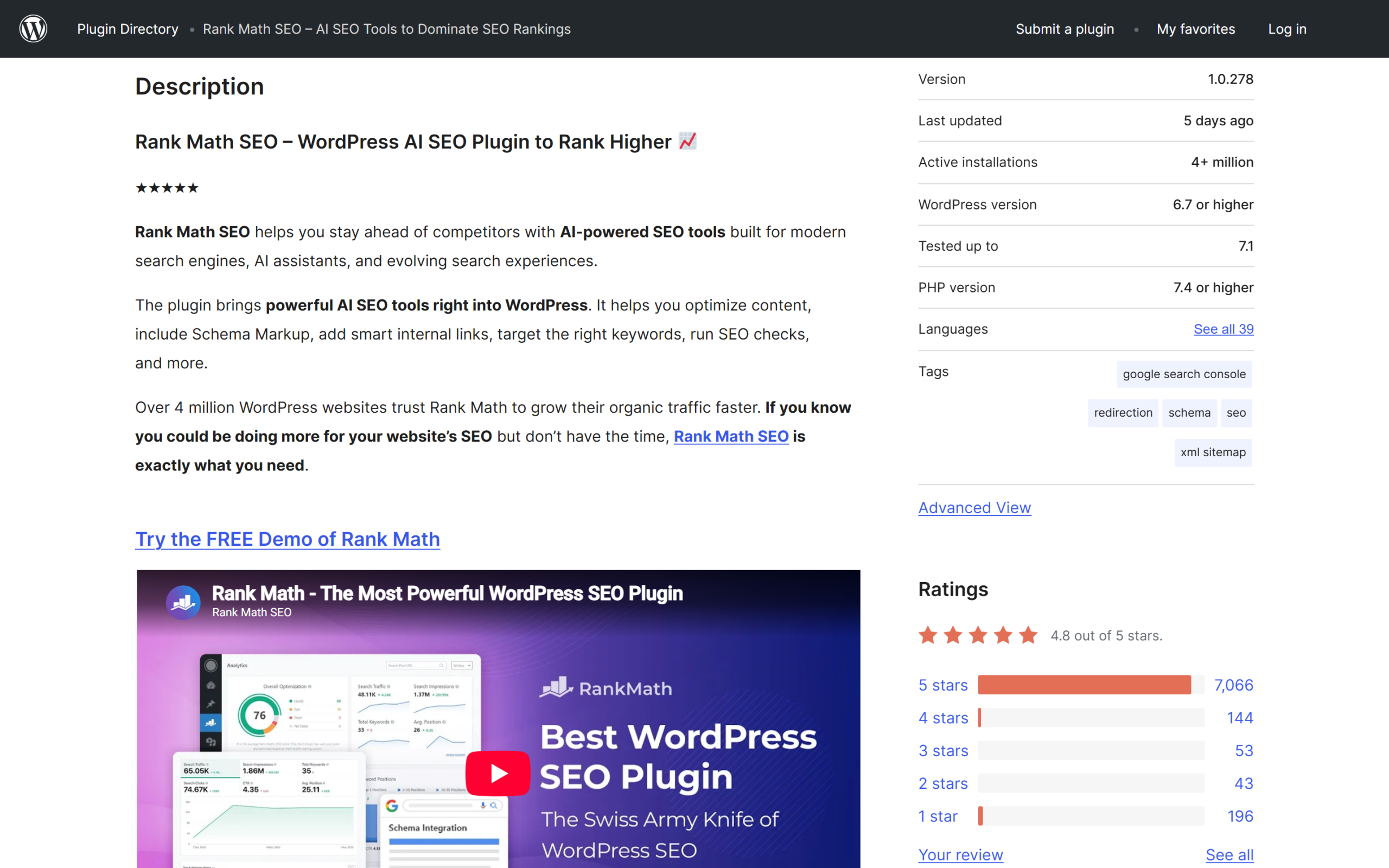 RankMath review of the WordPress.org plugin listing showing 4 million active installs