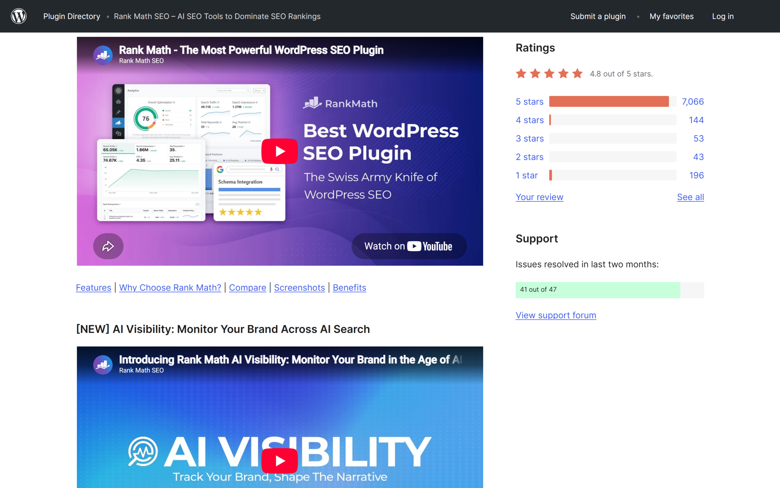 RankMath WordPress.org ratings breakdown showing a 4.8 star average