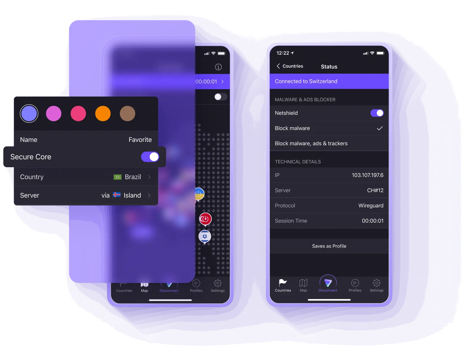 Proton VPN profile settings with Secure Core and connection details showing the WireGuard protocol