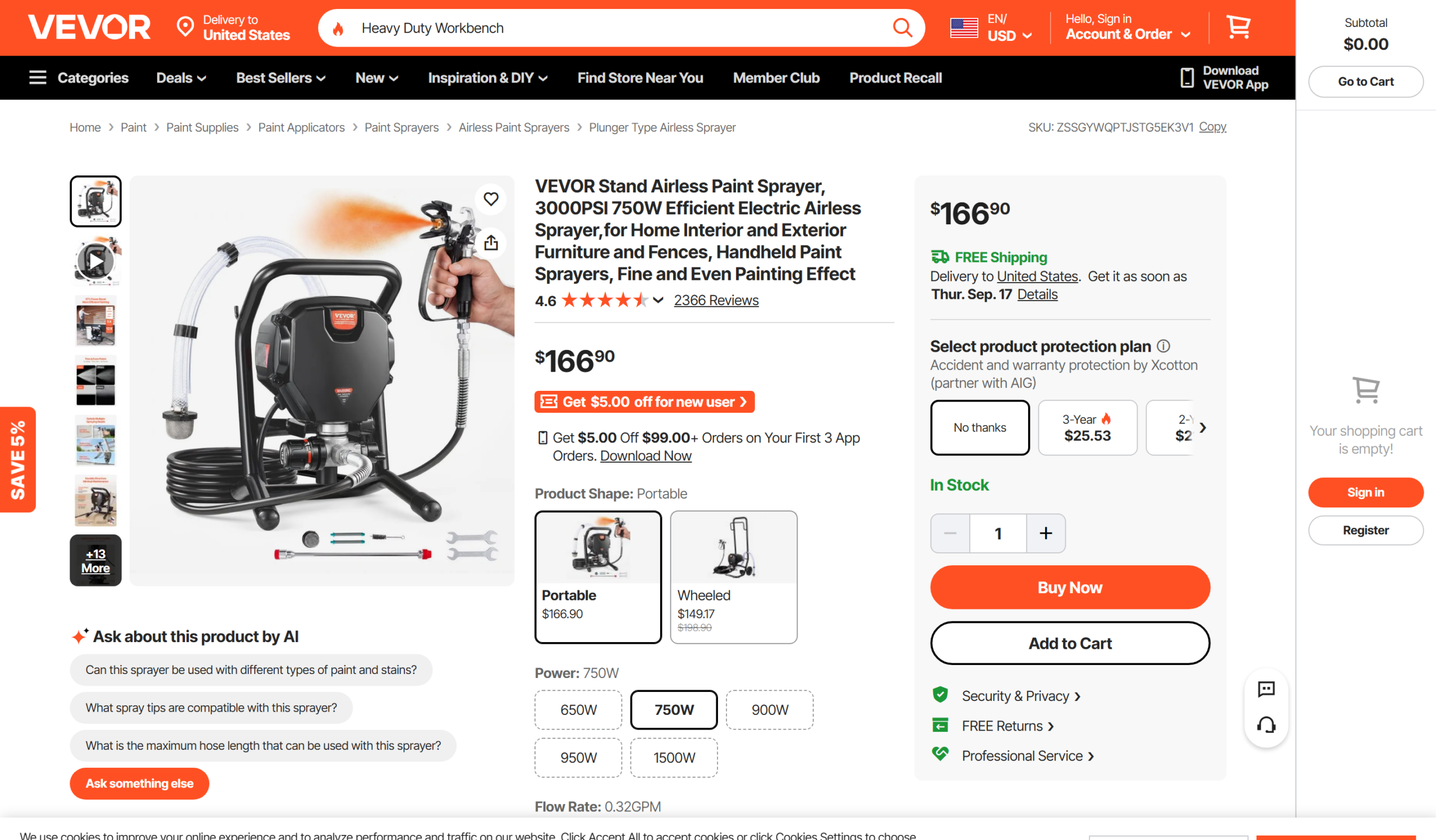 VEVOR airless paint sprayer review of the product listing showing the 750W motor and 3000 psi rating