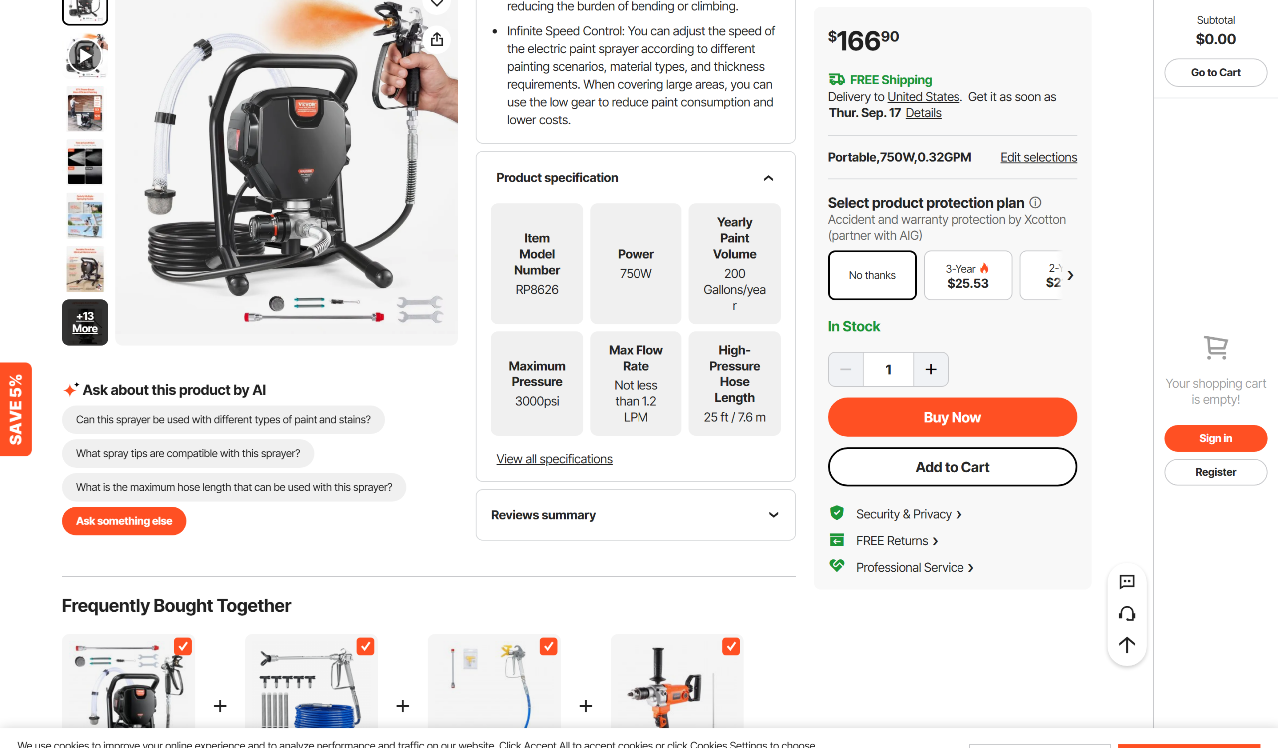 VEVOR airless paint sprayer specification table showing model number and hose length