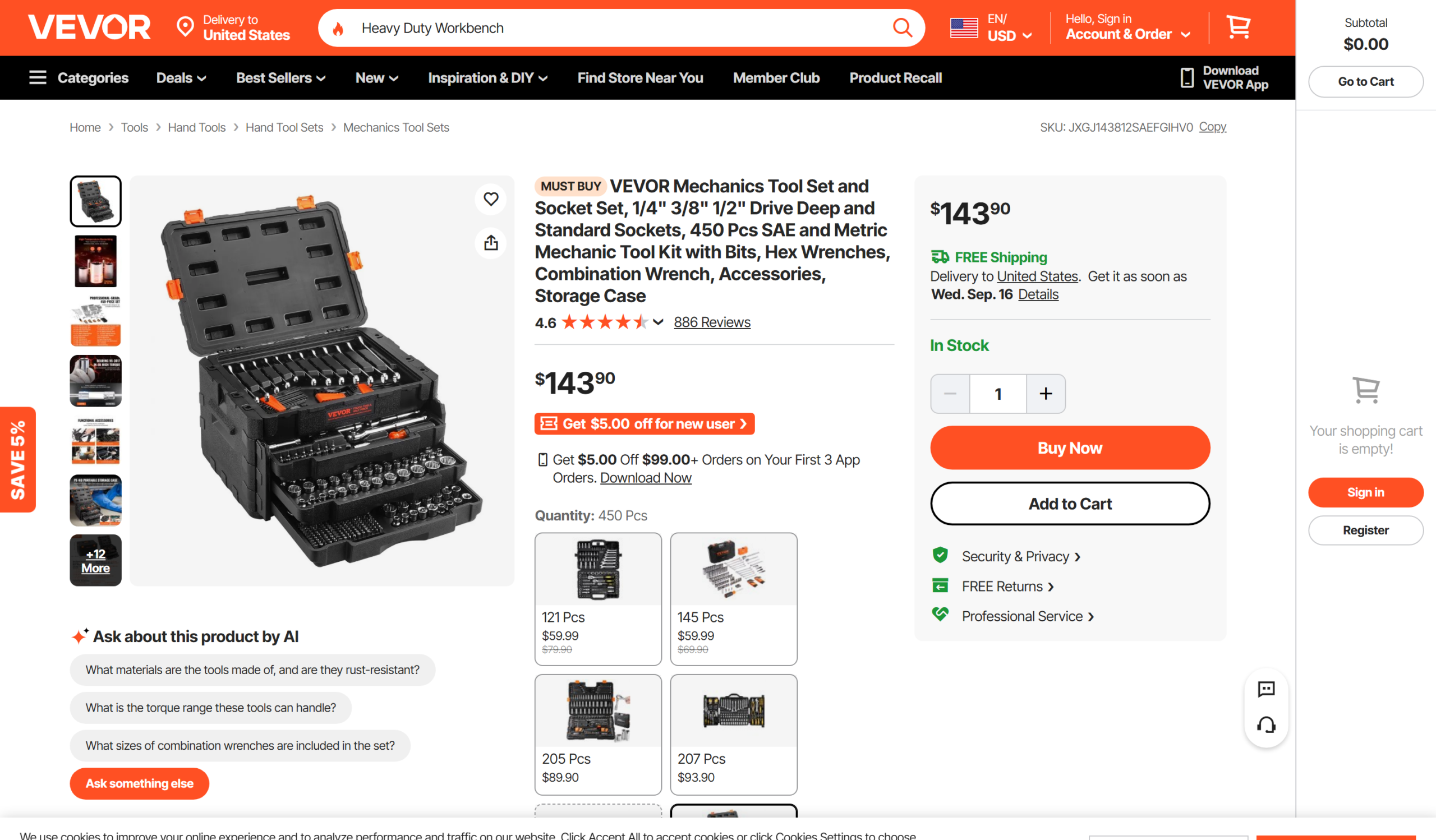 VEVOR mechanics tool set review of the product listing showing the 450 piece count and price