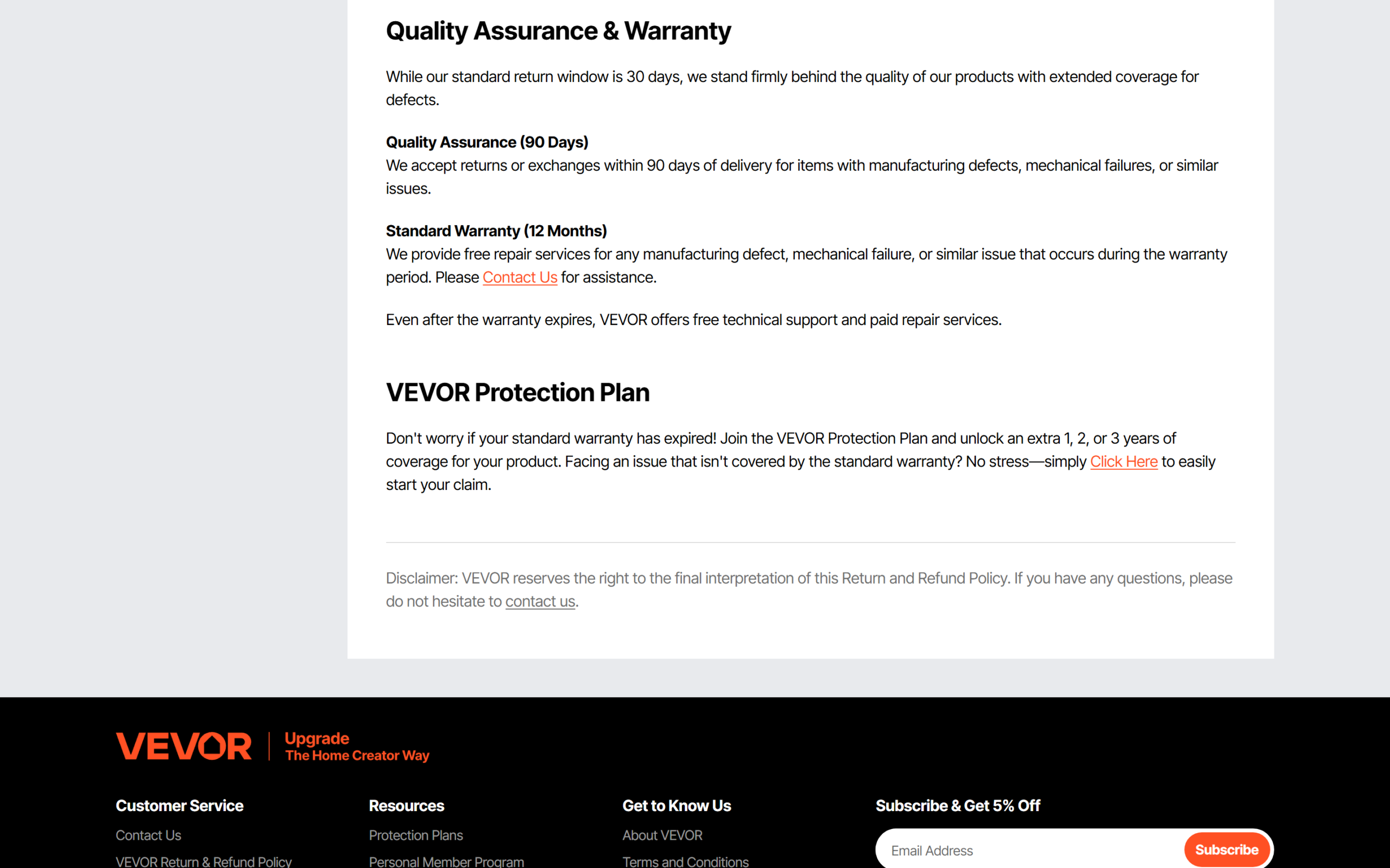 VEVOR return and refund policy page showing the 30 day return window and warranty terms