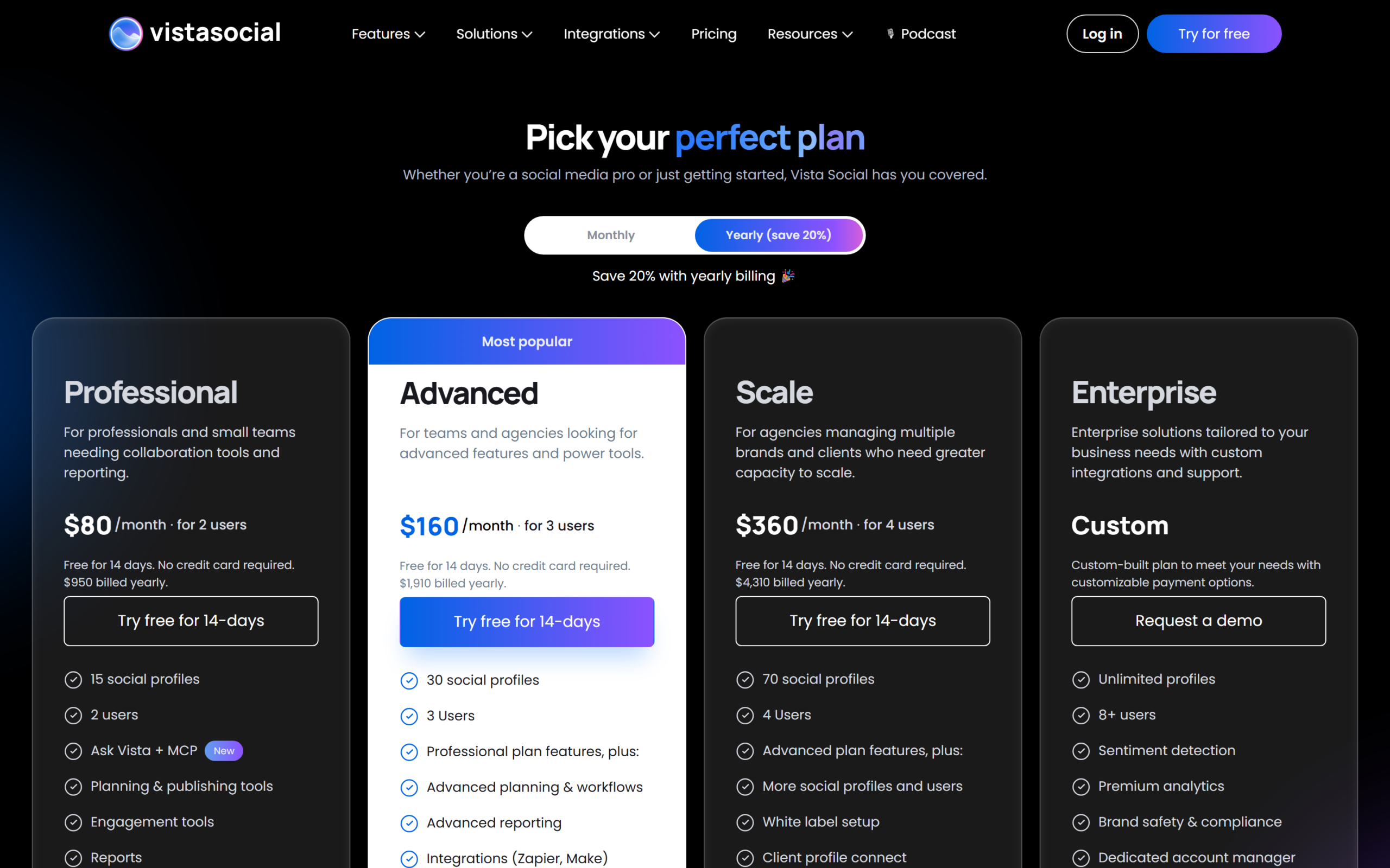 Vista Social review of the pricing page showing Professional, Advanced, Scale and Enterprise plans with profile and user counts