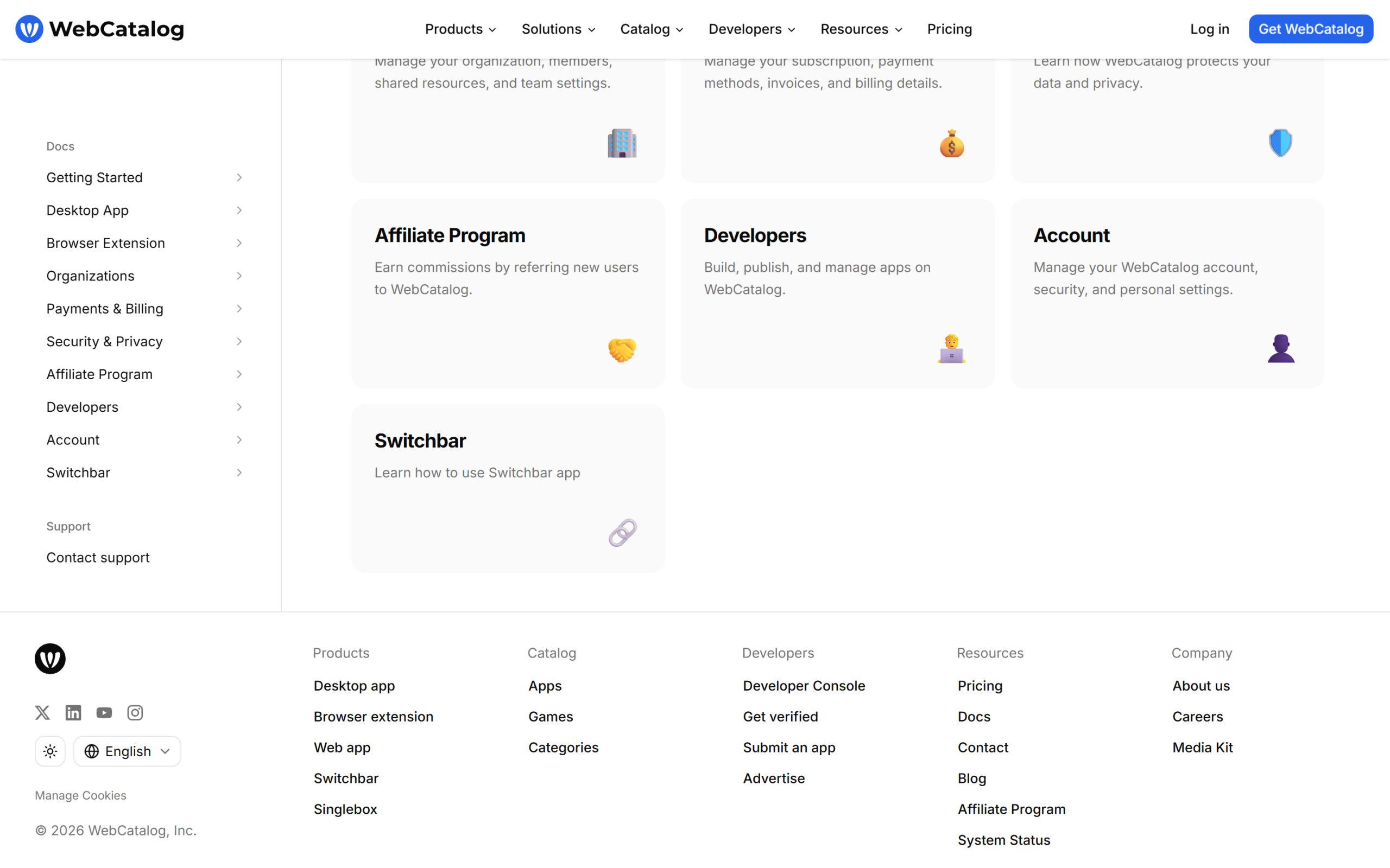 WebCatalog documentation and help center categories