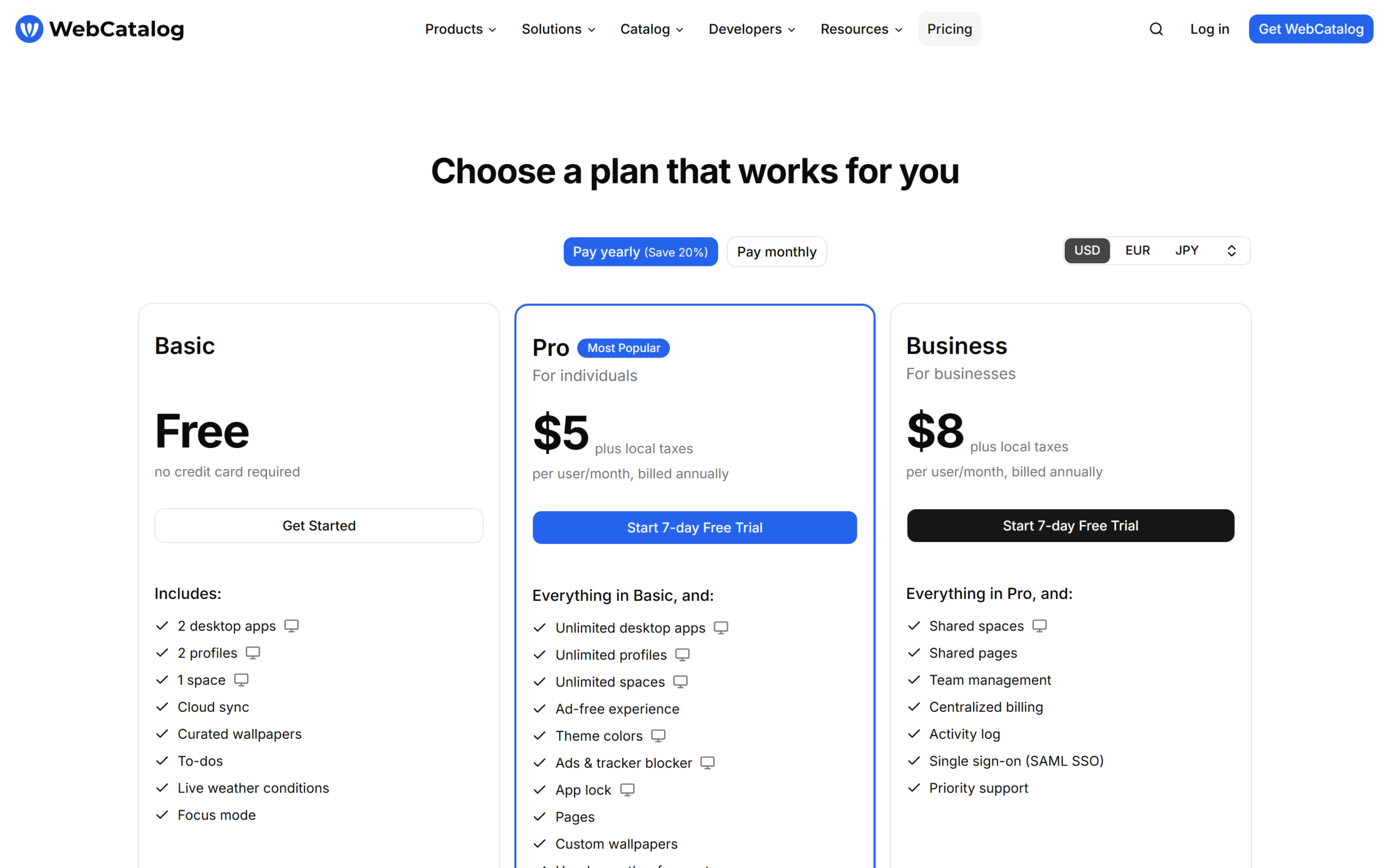 WebCatalog pricing page showing Basic, Pro and Business plans in USD