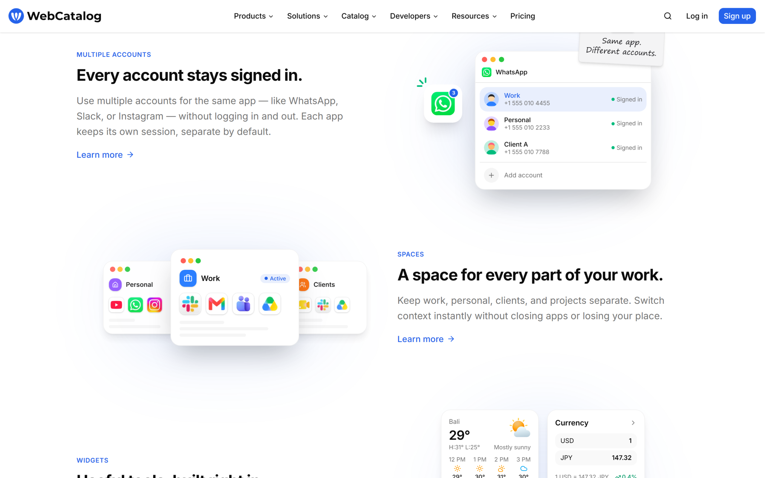 WebCatalog review of the homepage showing dedicated desktop apps, multiple accounts and spaces features