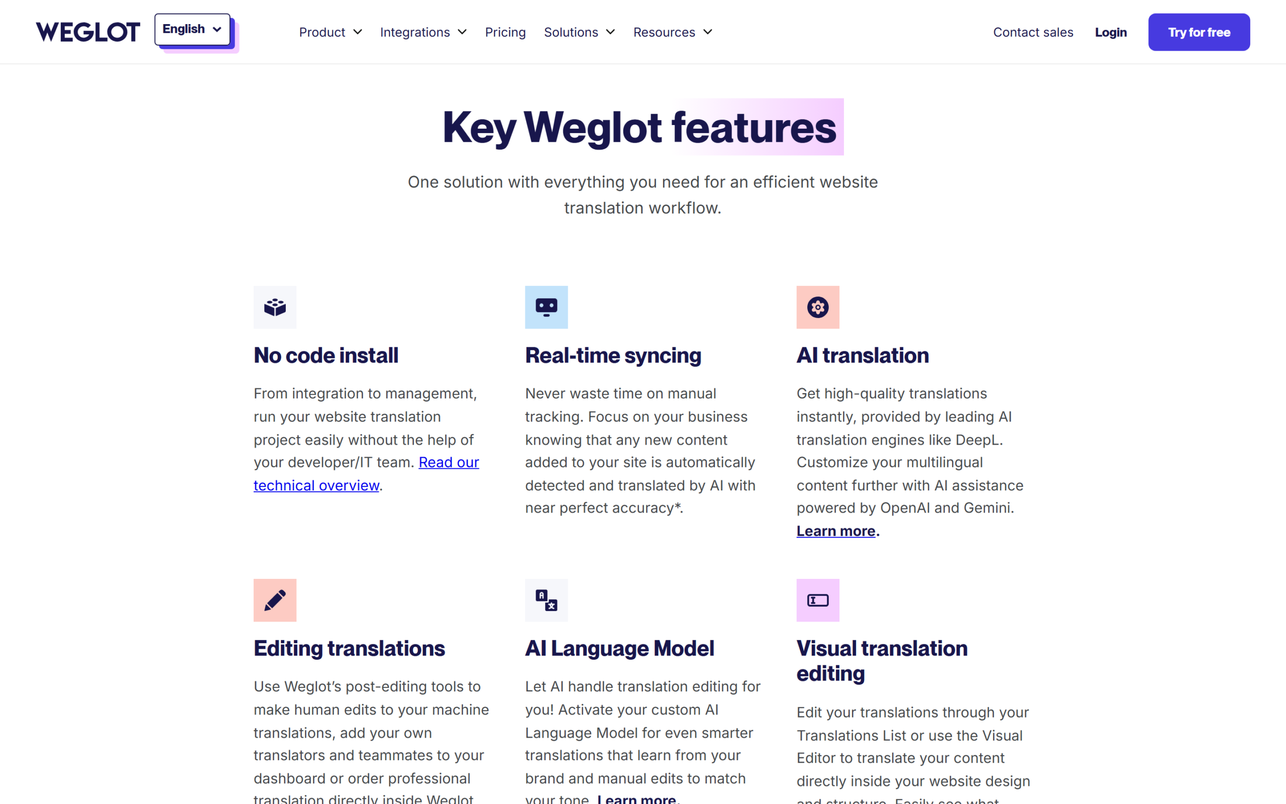 Weglot review: Weglot features page listing real time syncing, AI translation, the visual editor and multilingual SEO