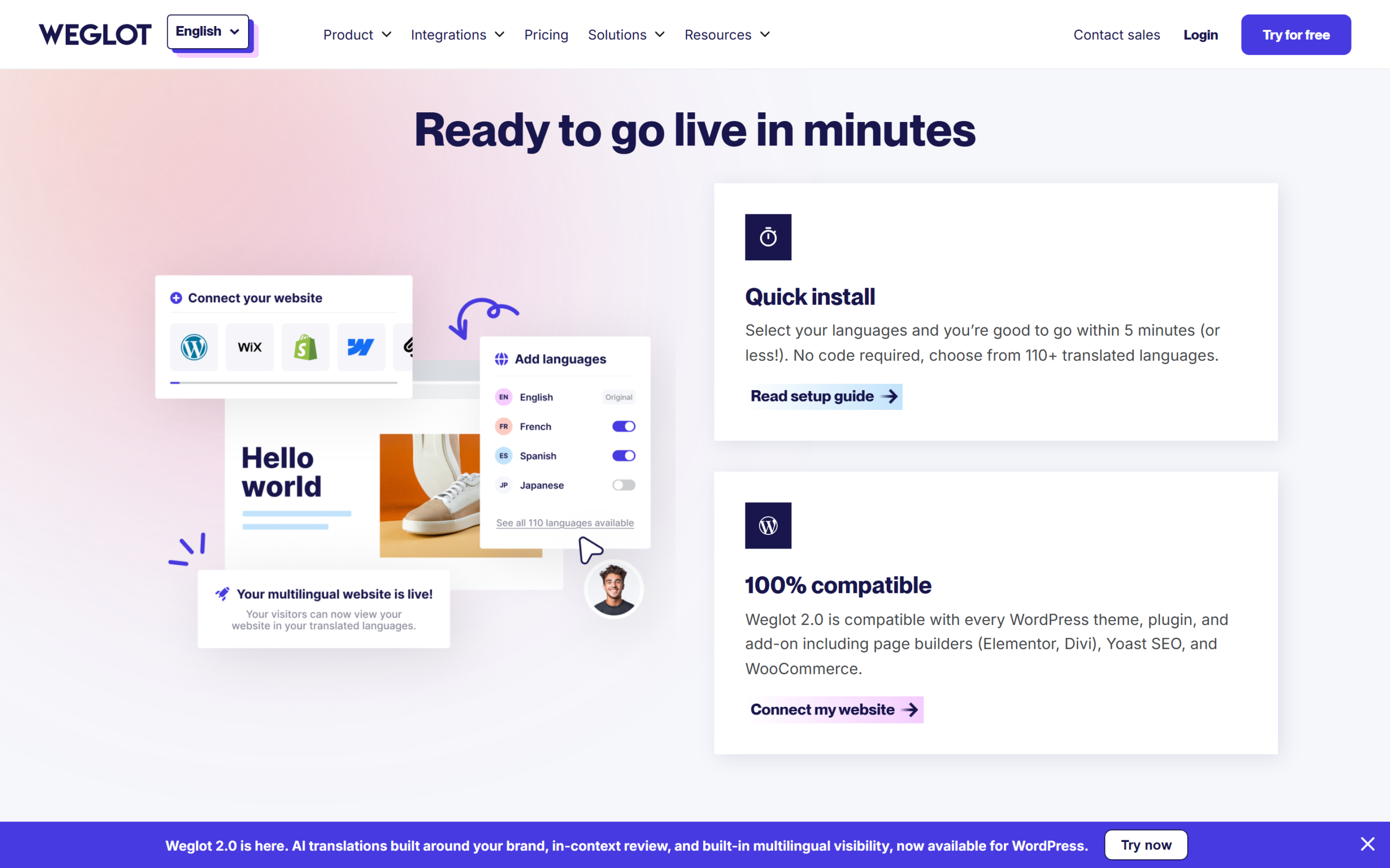 Weglot WordPress integration page describing the quick install and compatibility with page builders, Yoast SEO and WooCommerce