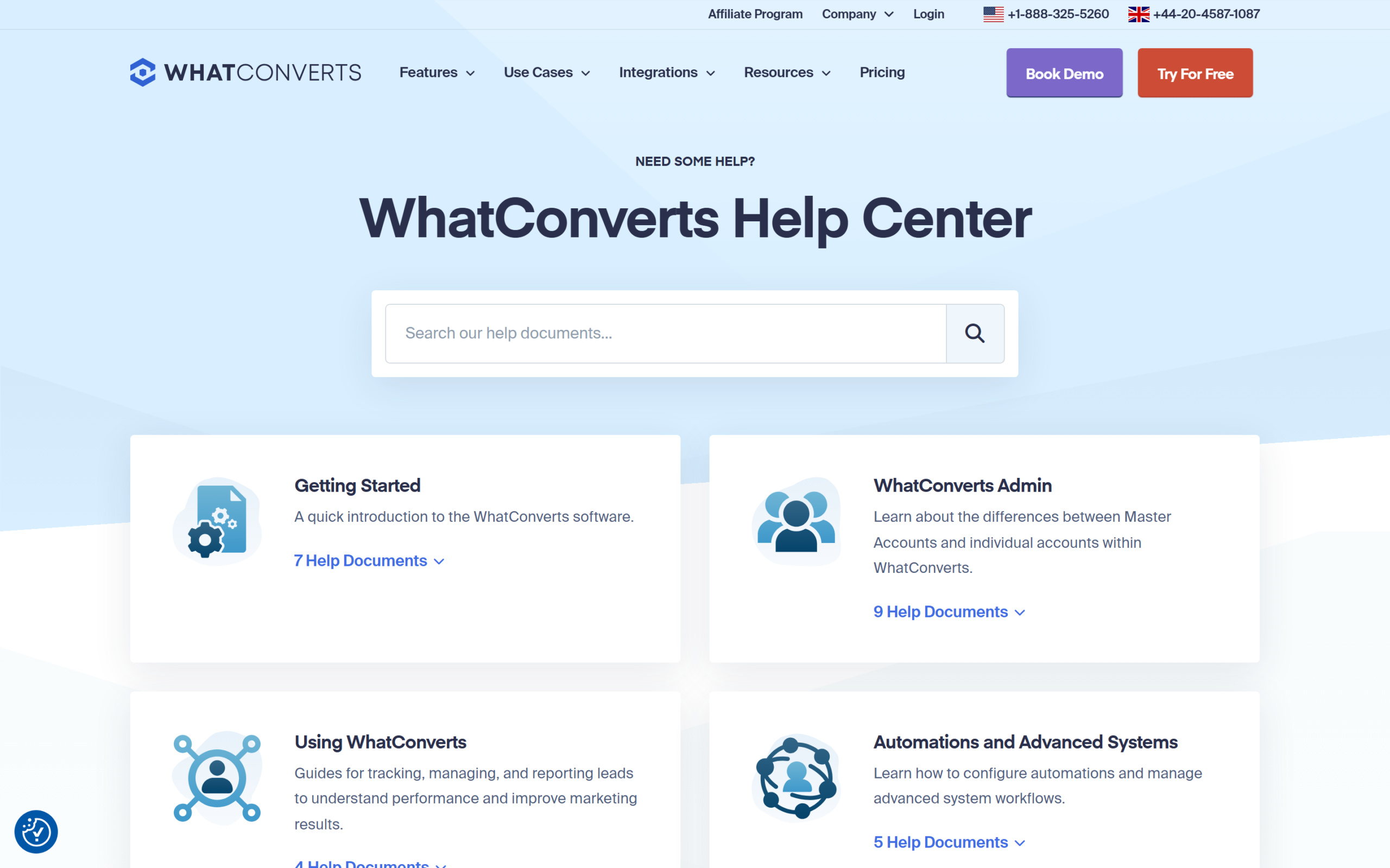 WhatConverts help center showing setup guides and support categories