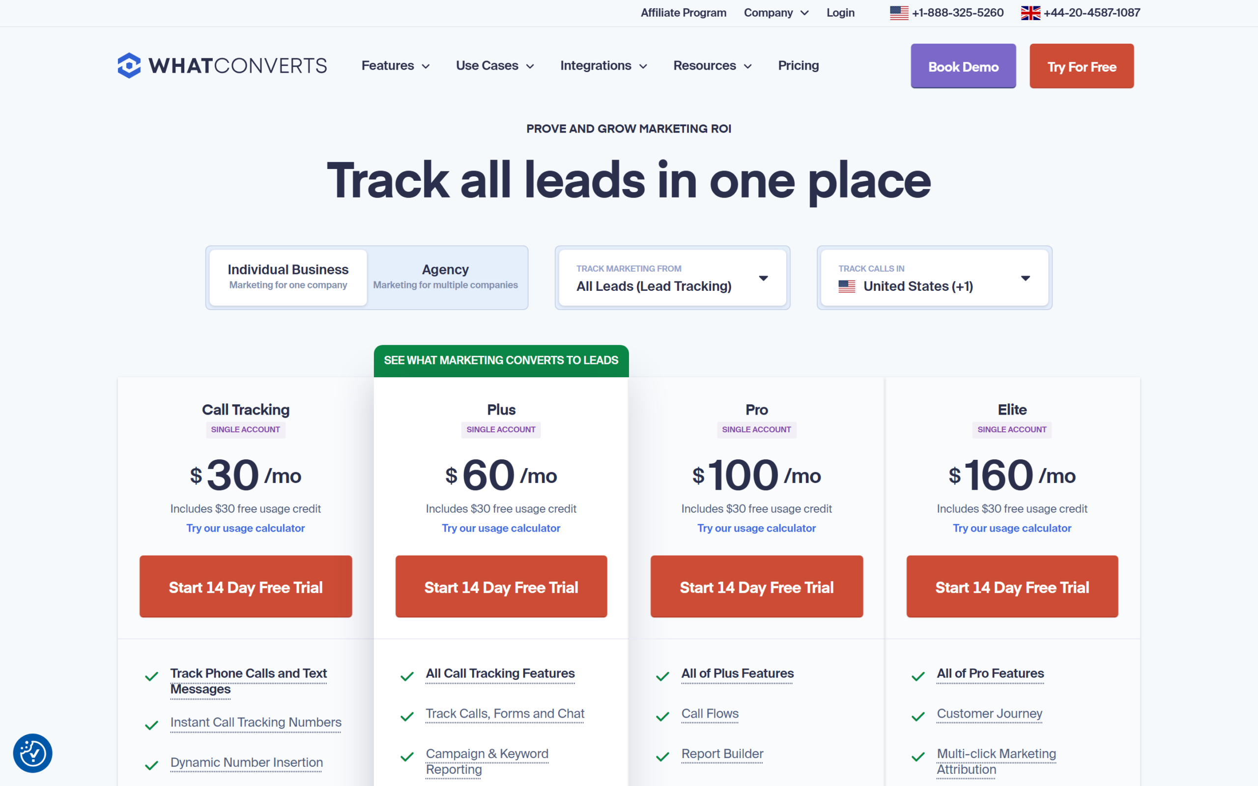 WhatConverts pricing page showing individual business plans from Call Tracking to Elite