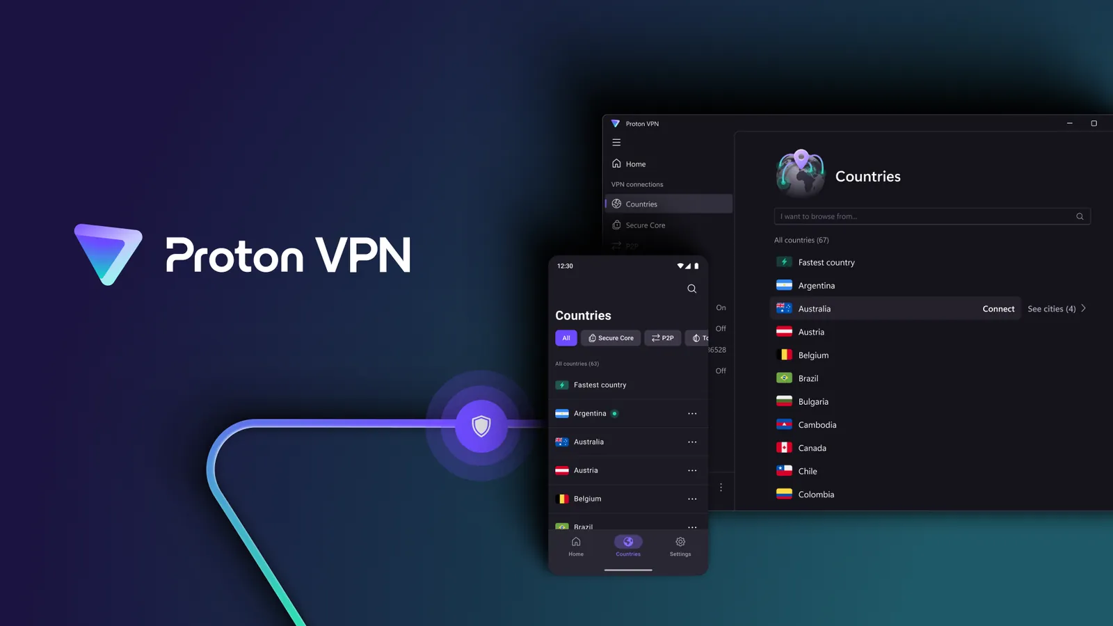 Proton VPN Windows and Android apps showing their country lists